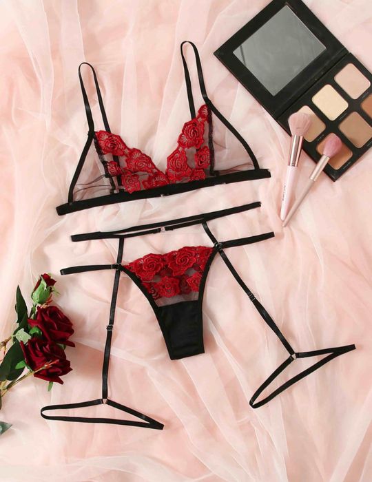 Black & Red Lace Bra Panty with Matching Belt – Women’s Lingerie Set